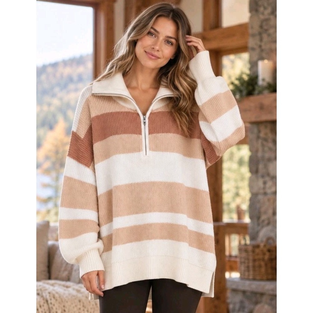 Aerie Beyond Neutral Chunky Knit Oversized Slouchy 1/4 Zip Sweater Small Cozy